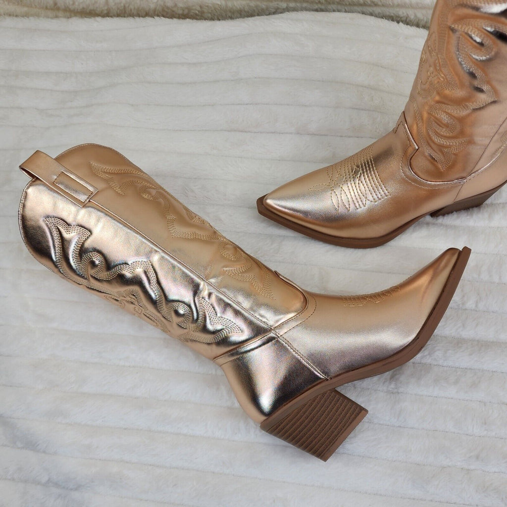 Disco Cowgirl Metallic Rose Gold Cowboy Knee Boots Western Block Heels US Sizes - Totally Wicked Footwear