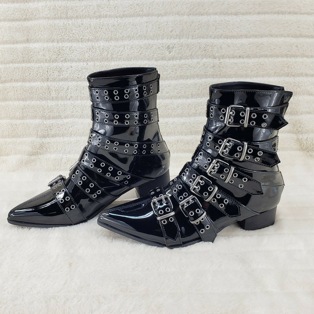 Wicked Warlock 70 Multi Strap Winklepicker Ankle Boots Mens Patent NY IN HOUSE - Totally Wicked Footwear