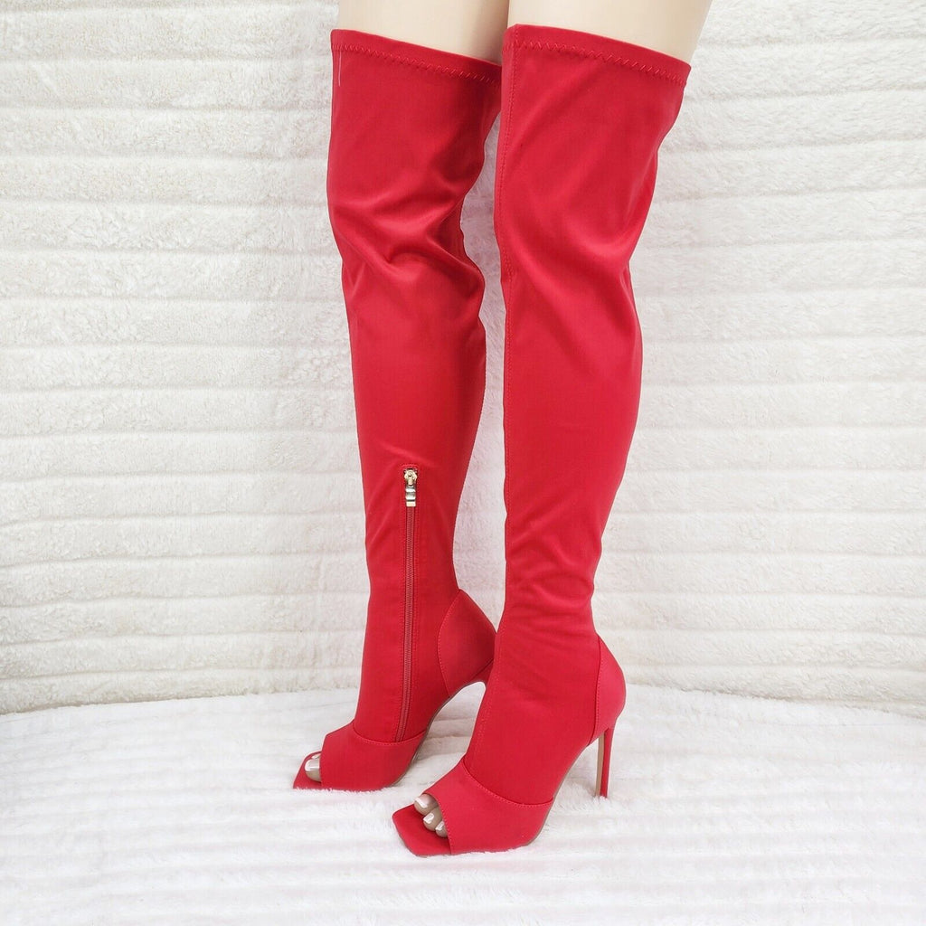 Vicky Bright Red Open Square Toe Stretch Thigh High Heel Boots - Totally Wicked Footwear