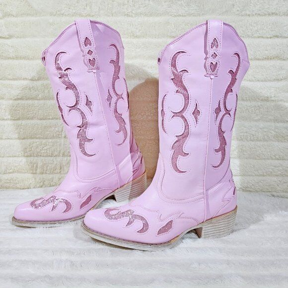 Dazzle Darlings Baby Pink Glitter Inset Cowboy Cowgirl Pull On Mid Calf Boots - Totally Wicked Footwear