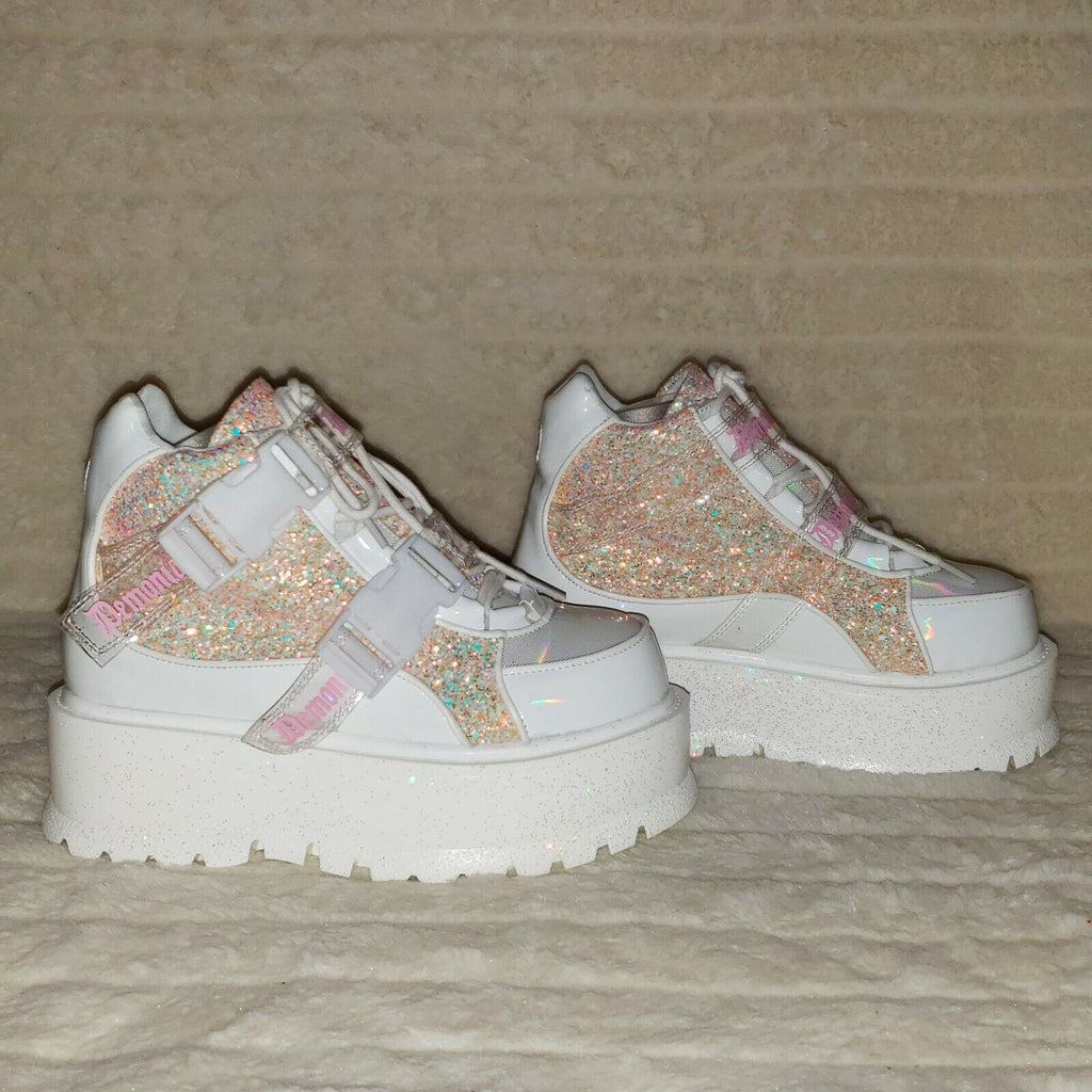 Slacker 50 White Pink Glitter Platform Sneaker Ankle Boots - Totally Wicked Footwear