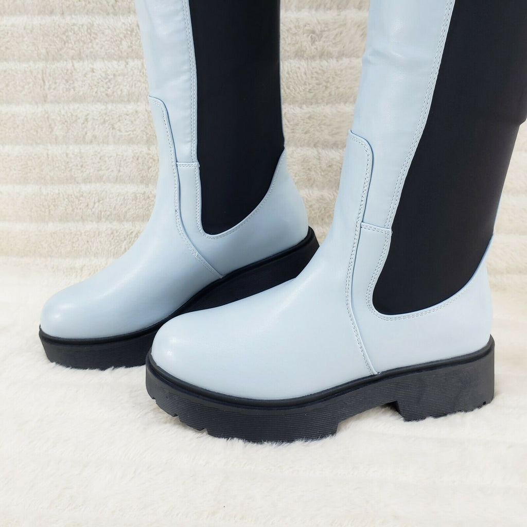 Techno Baby Blue Black Stretch Panel Lug Sole Thigh High Boots - Totally Wicked Footwear