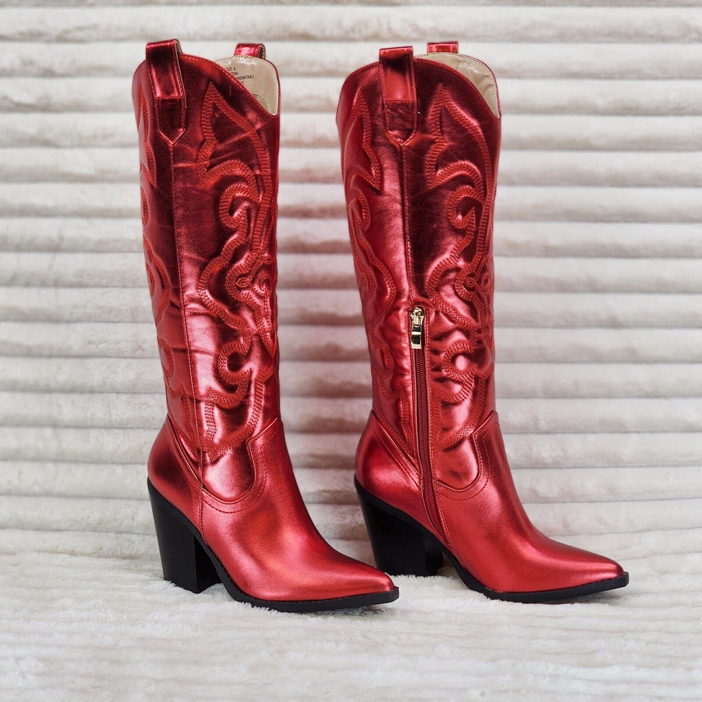 Electric Cowboy Brush Metallic Matte Western Knee High Cowgirl Boots Red - Totally Wicked Footwear