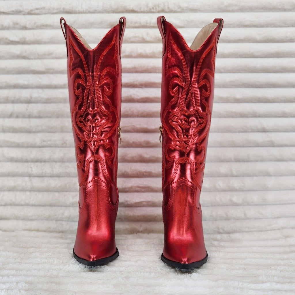 Electric Cowboy Brush Metallic Matte Western Knee High Cowgirl Boots Red - Totally Wicked Footwear