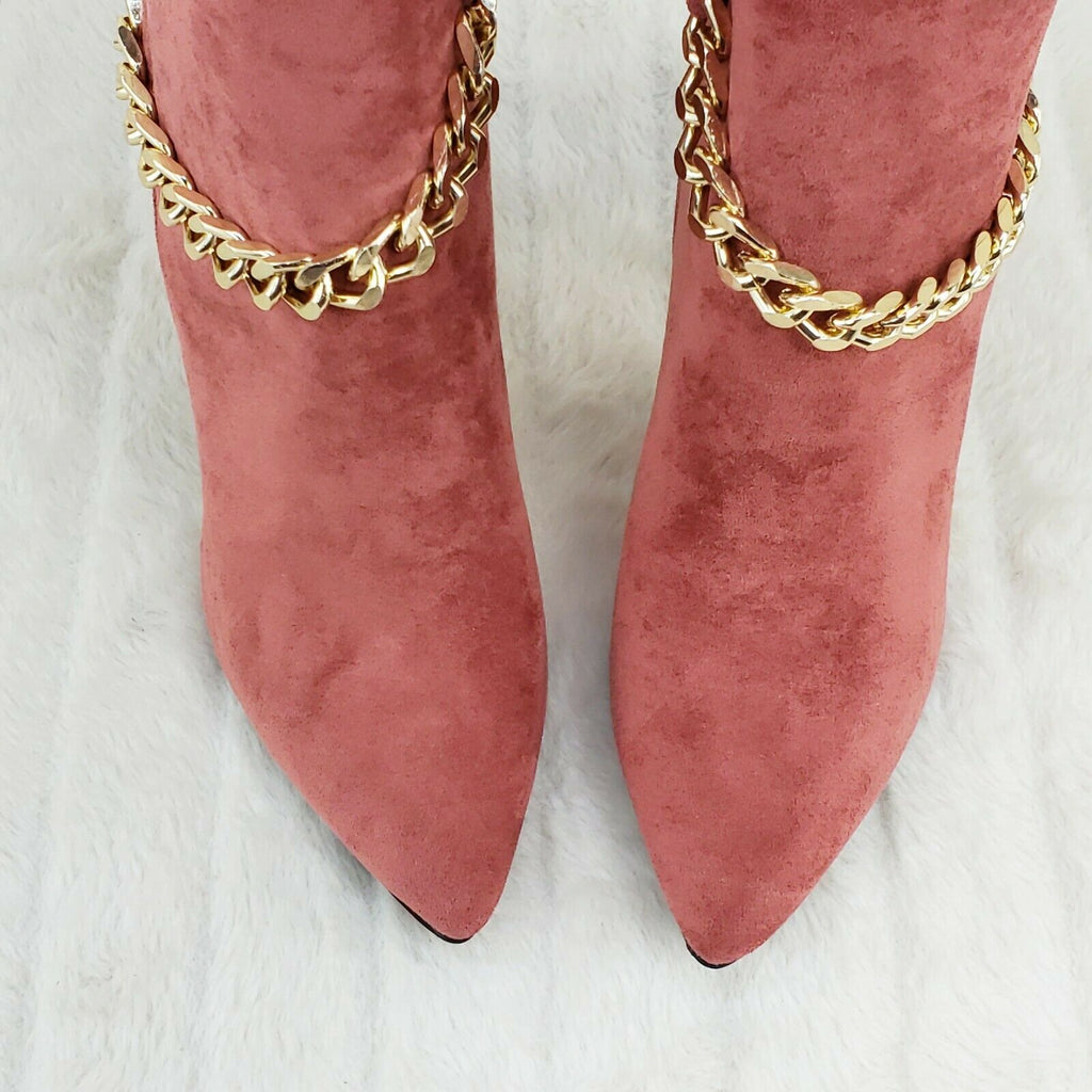 Mata Rose Pink FX Suede & Chain Sexy Pointy Toe 4" Stiletto Heel Ankle Boots - Totally Wicked Footwear