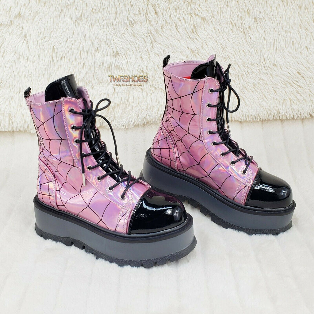 Slacker 88 Pink Hologram Spider Web Design Up Ankle Boots US 6-12 Goth NY - Totally Wicked Footwear