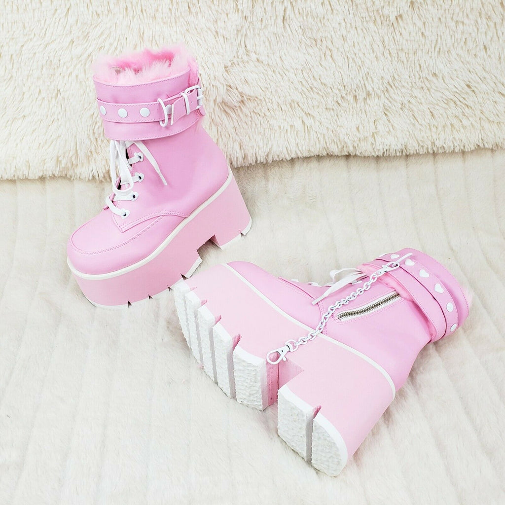 Ashes 57 Pink Heart Studs 3.5" Platform Goth Boots Fur Lined Cuffs & Chain NY - Totally Wicked Footwear