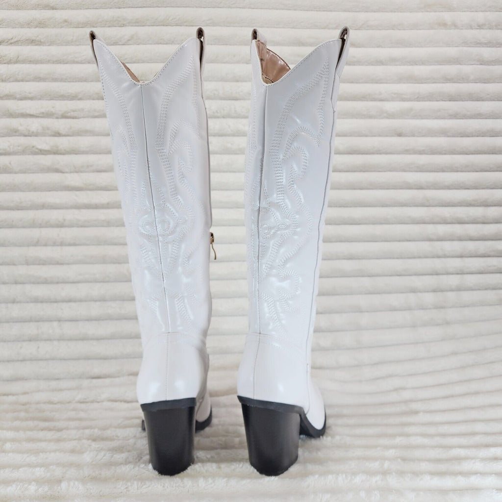 Electric Cowboy Brush Metallic Matte Western Knee High Cowgirl Boots Pearl White - Totally Wicked Footwear