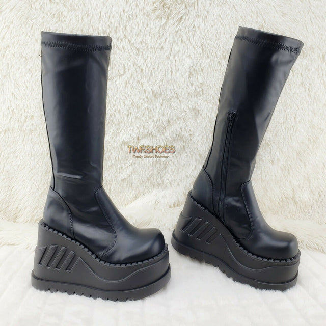 Demonia Stomp 200 Black Matte Platform Wedge Heel Knee Boots NY - Totally Wicked Footwear