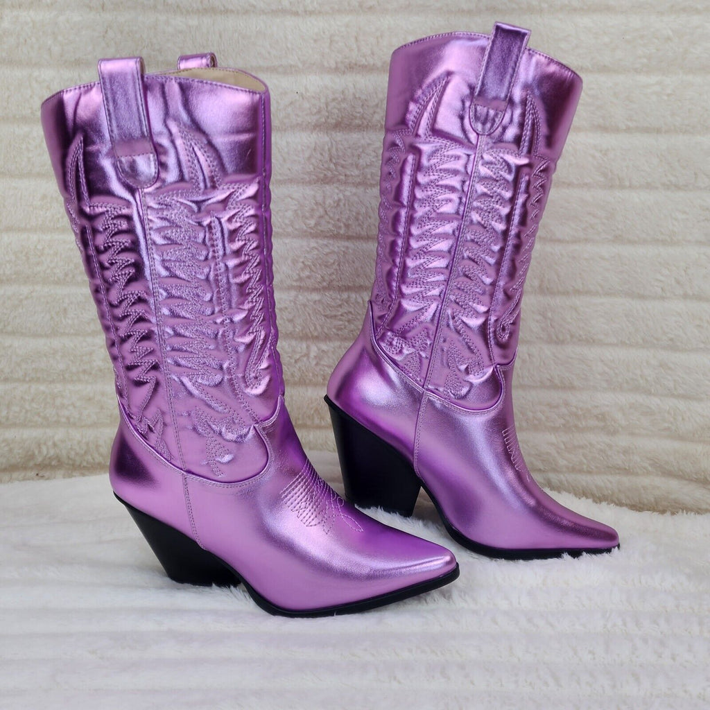 Disco Cowgirl Metallic Lilac Purple Cowboy Knee Boots Western Block Heels US - Totally Wicked Footwear