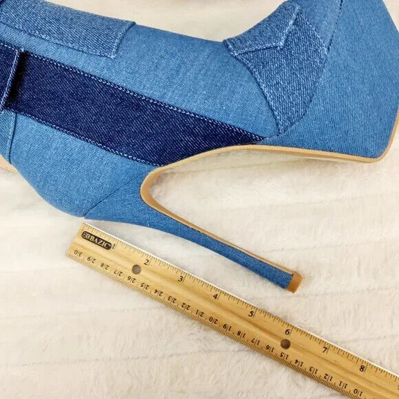 Kinder Pointy Toe Platform Stiletto Heel Ankle Boots Denim Patchwork - Totally Wicked Footwear