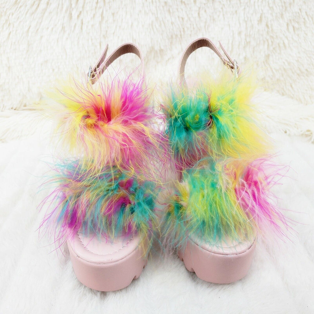 Top Rate Marabou Double Strap Chunky High Heels Platform Sandal Shoes Multicolor - Totally Wicked Footwear