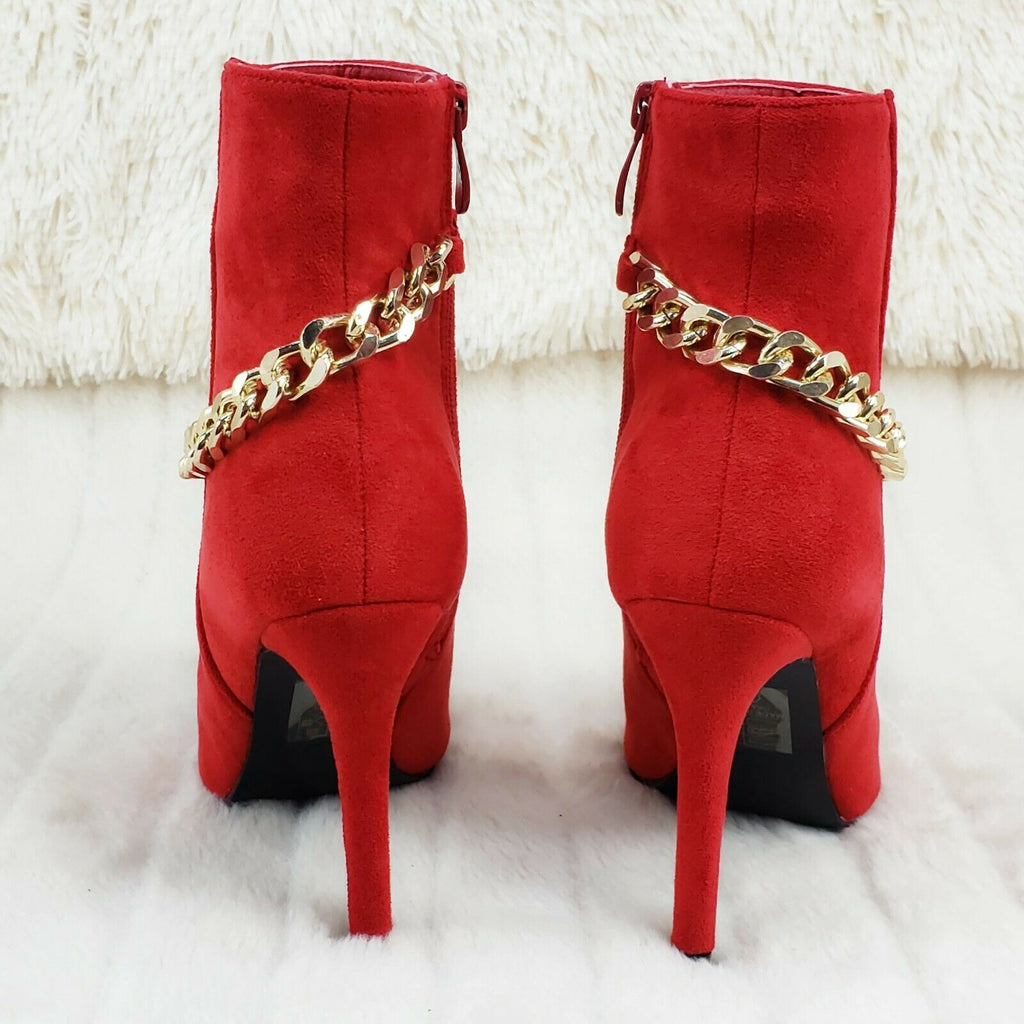 Mata Red FX Suede & Chain Sexy Pointy Toe 4" Stiletto High Heel Ankle Boots - Totally Wicked Footwear
