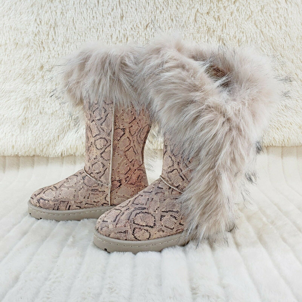 Chi Chi Tall Furry Snake Beige Faux Fur Lined Flat Winter Boots US Women's - Totally Wicked Footwear