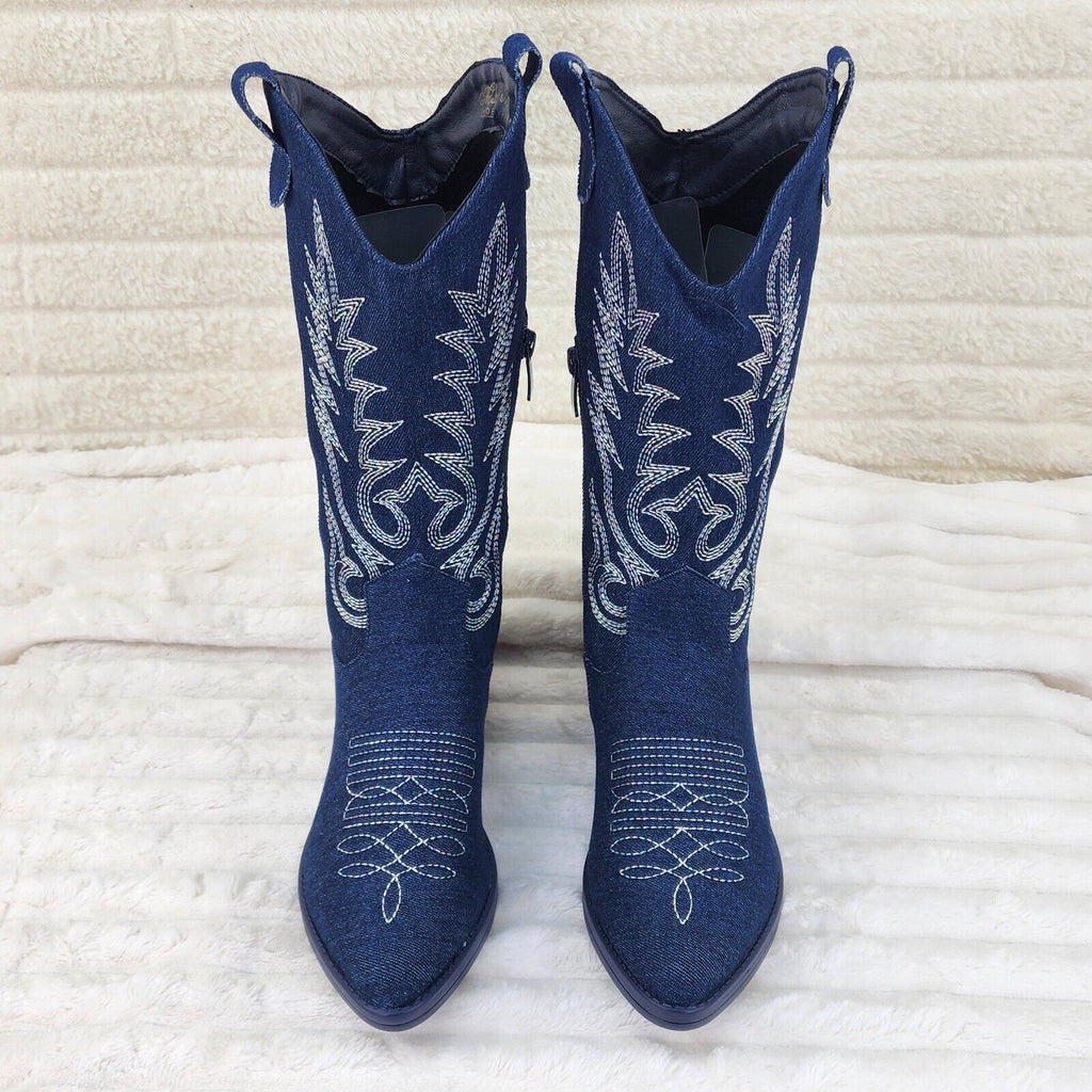 Bella Western Mid-calf Cowboy Cowgirl Boots Tan Low 1.5" Heels Dark Denim - Totally Wicked Footwear