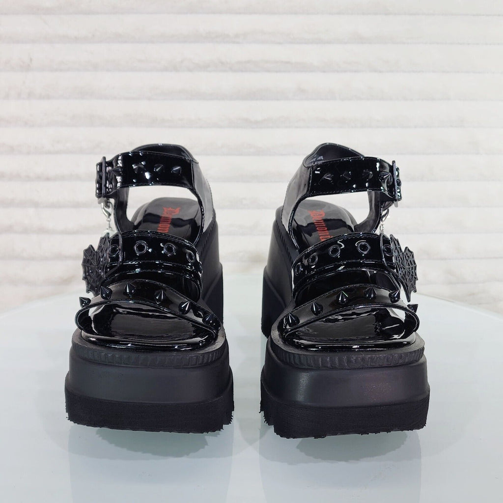 Shaker 13 Black Out Patent 4.5" Wedge Heel Gothic Sandals Studs And Charms NY - Totally Wicked Footwear