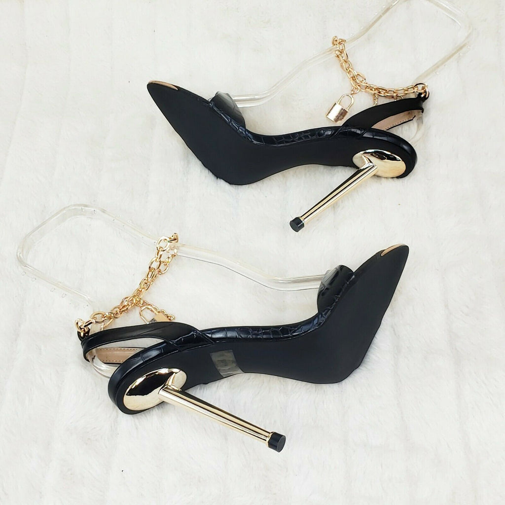 Nicely Pad Lock Chain Strap High Heels Metal Toe Tip Shoes Black - Totally Wicked Footwear