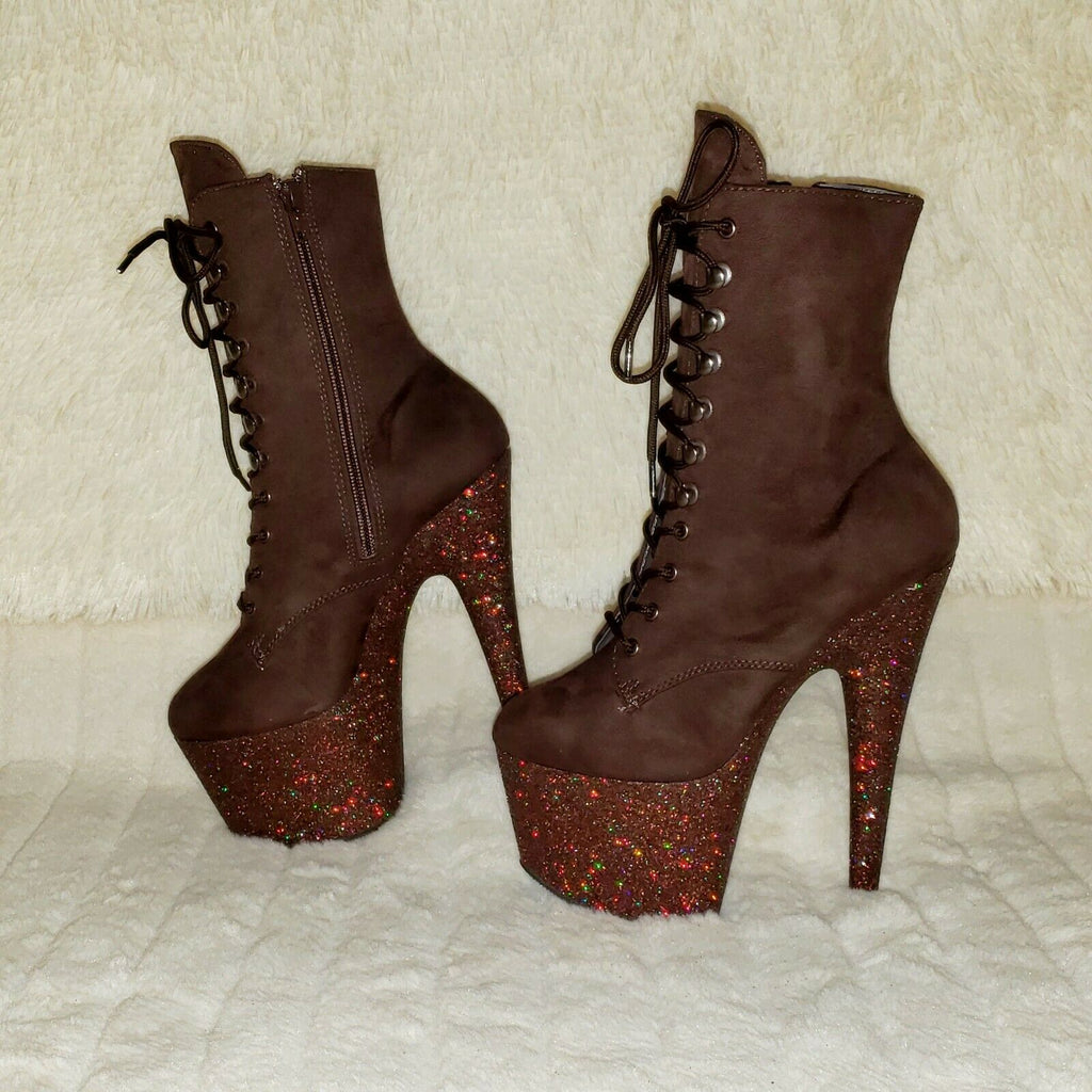 Adore 1020FSMG Brown Mocha V Suede & Glitter 7" High Heel Platform Ankle Boot NY - Totally Wicked Footwear