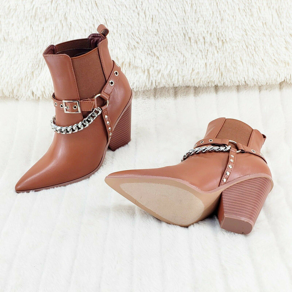 Dimitri Western Chain Strap Cowboy / Cowgirl Pull Ankle Boots Tan 6-11 - Totally Wicked Footwear