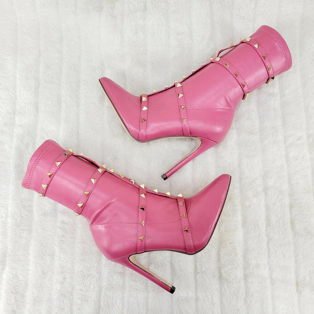 Mark Pyramid Stud Strap High Heel Pointy Toe Stretch Ankle Boots Fuchsia Pink - Totally Wicked Footwear