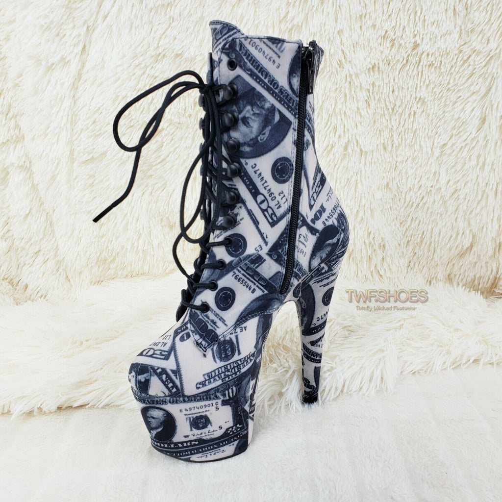 Adore 1020DP Money Print Platform 7" High Heel Lace Up Ankle Boots 6-12 NY - Totally Wicked Footwear