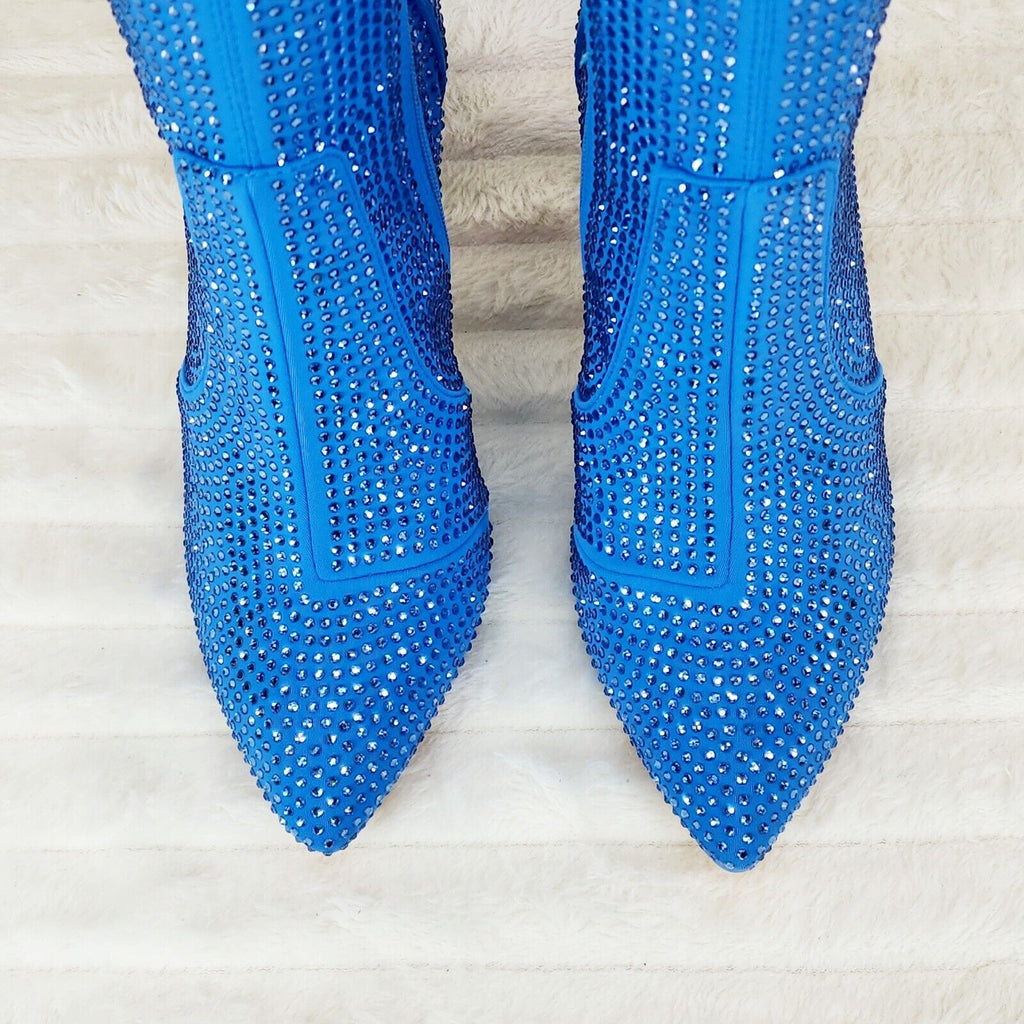 Stunning Bright Blue Stretch Rhinestone Ankle Boots 3.5" Heels New - Totally Wicked Footwear