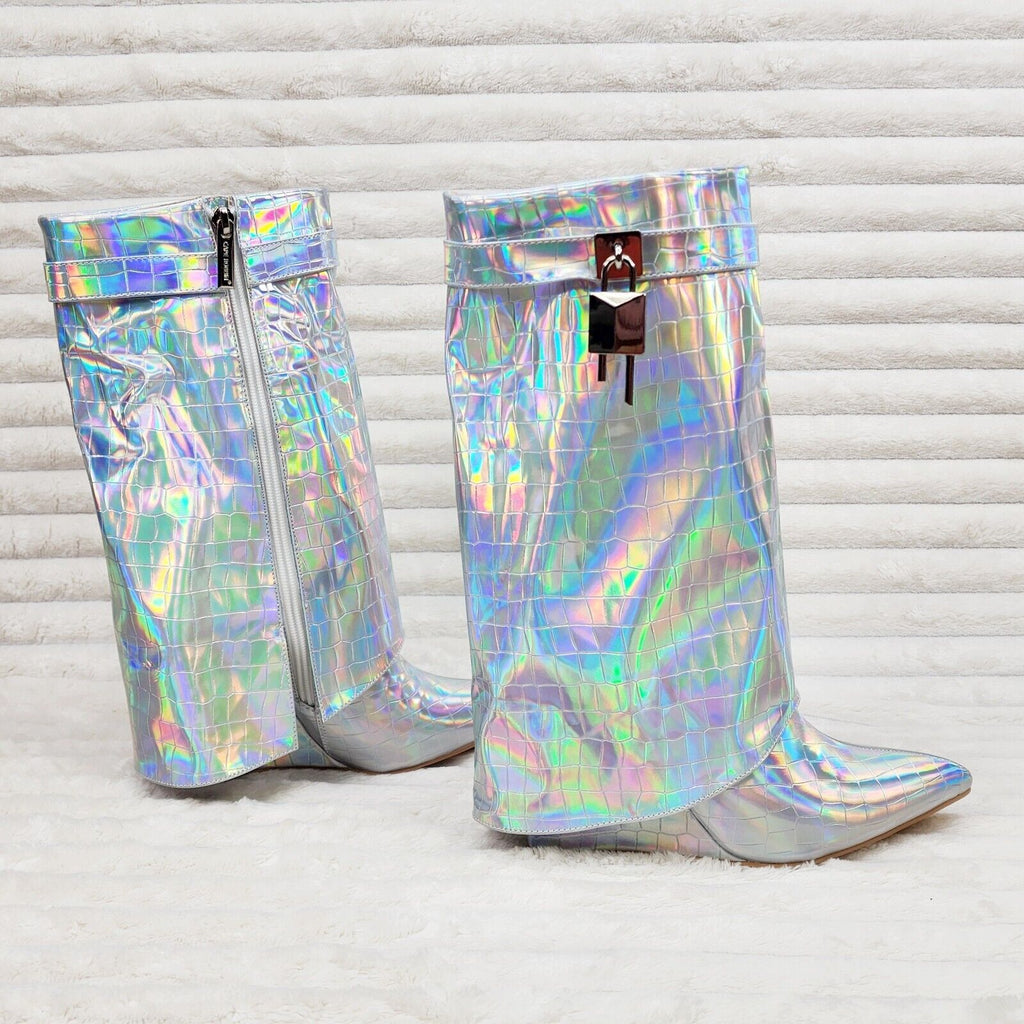 Vision Royal Silver Hologram Wedge Heel Fold Over Skirted Ankle Boots - Totally Wicked Footwear