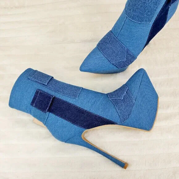 Kinder Pointy Toe Platform Stiletto Heel Ankle Boots Denim Patchwork - Totally Wicked Footwear