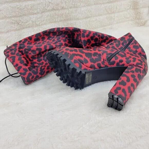 Fever Red Leopard Stretch Lace Up Back OTK Chunky Heel Boots Lug Sole - Totally Wicked Footwear