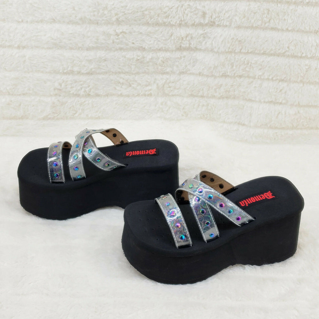 Funn Platform Goth Sandals Studded Hologram Triple Strap Slip On Shoes In House - Totally Wicked Footwear