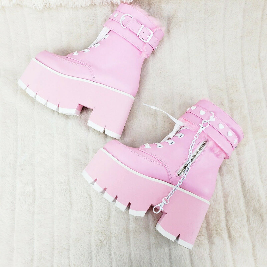 Ashes 57 Pink Heart Studs 3.5" Platform Goth Boots Fur Lined Cuffs & Chain NY - Totally Wicked Footwear