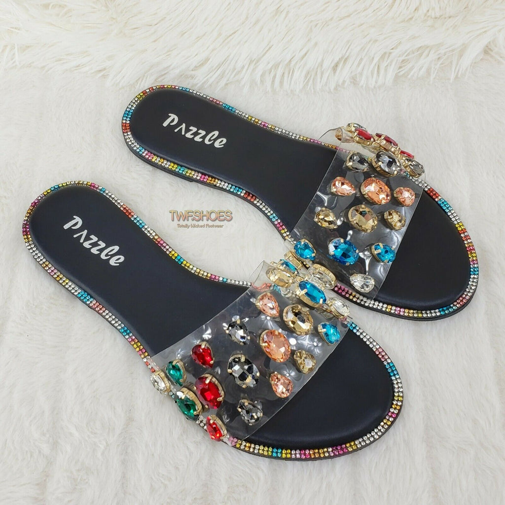 Bella Luna Colorful Rhinestone Flat Summer Sandals Metallic Black Isabella 05 - Totally Wicked Footwear