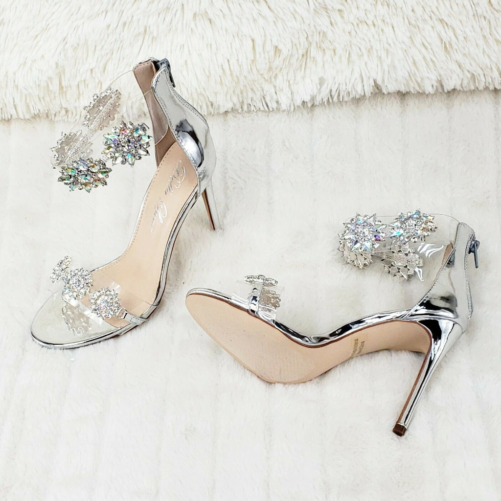 Bella Silver Flower Rhinestone Ankle Strap 4" High Heel Stiletto Sandals Shoes - Totally Wicked Footwear