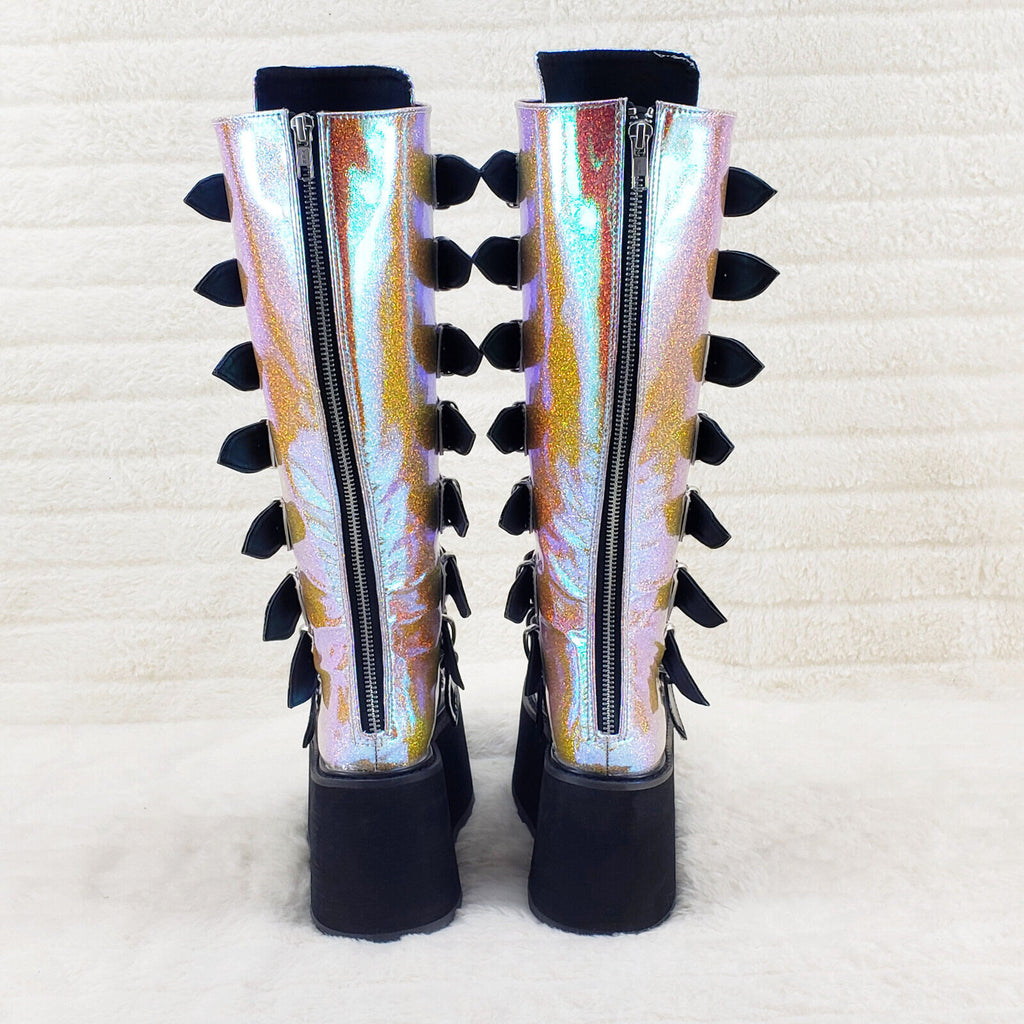 Damned 318 Multi Strap 3.5" Platform Cyber Punk Knee Boots Pink Hologram  NY - Totally Wicked Footwear