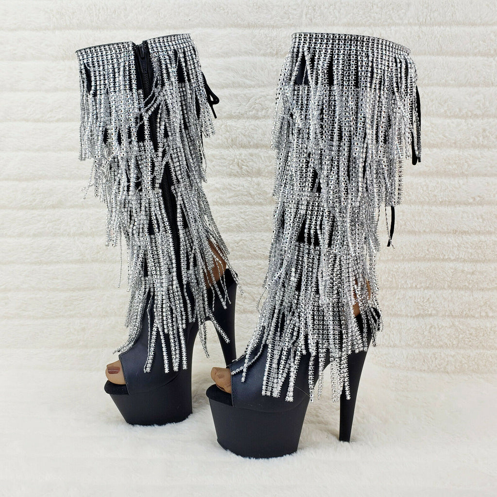 Adore 2024 Silver Fringe Black Platform 7" High Heel Fringe Knee Boots NY - Totally Wicked Footwear
