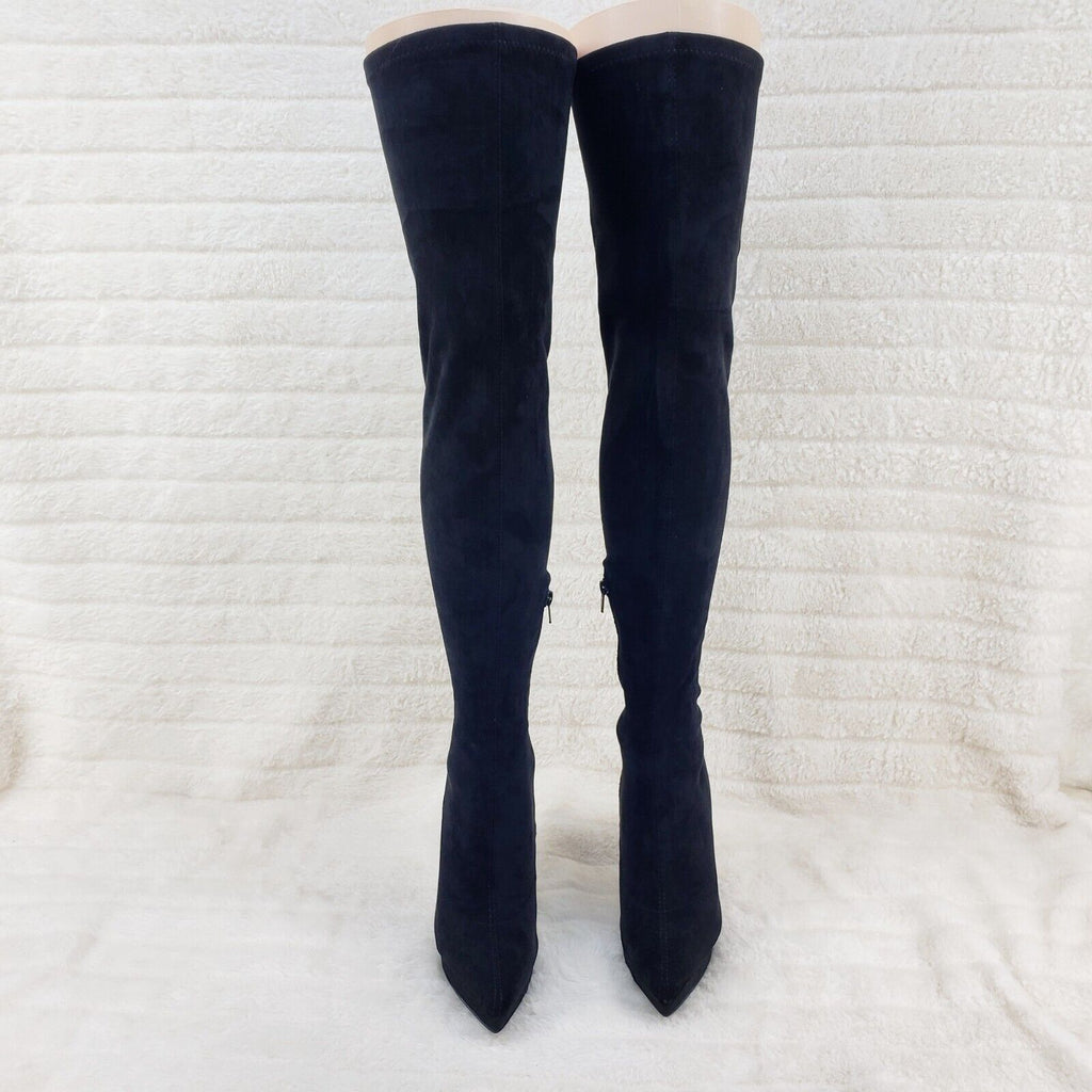 Sexy Girlz Faux Stretch Black Suede High Heel Pointy Toe Platform Thigh Boots - Totally Wicked Footwear