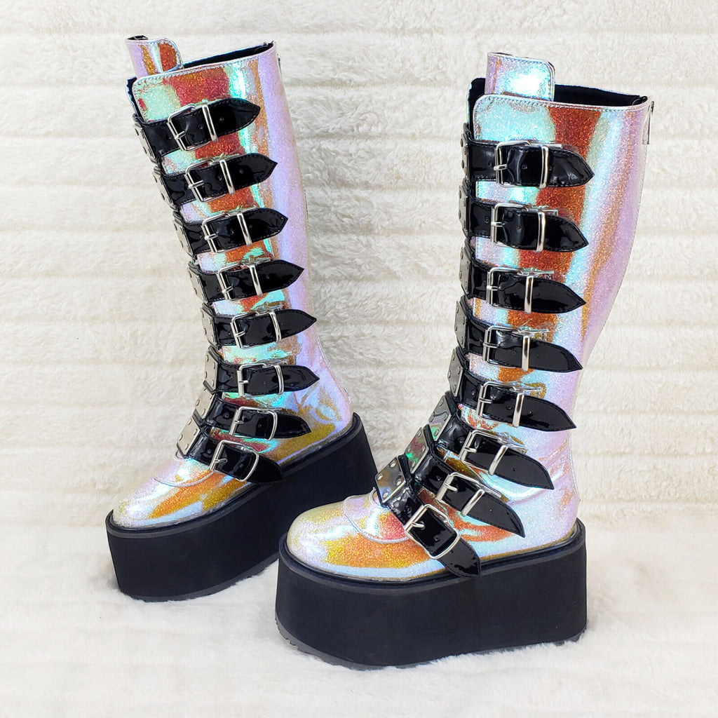Damned 318 Multi Strap 3.5" Platform Cyber Punk Knee Boots Pink Hologram  NY - Totally Wicked Footwear