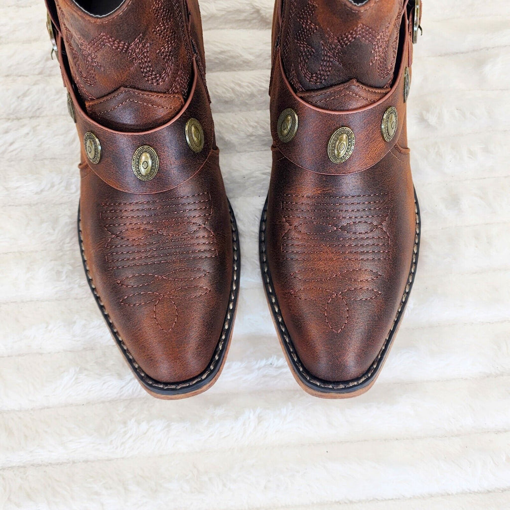 Wild West Brown Distressed Western Cowgirl Pull On Ankle Boots - Totally Wicked Footwear