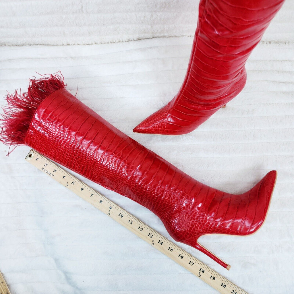 Flirty Red Snake Texture Knee High Heel Stiletto Boots Sexy Feather Top - Totally Wicked Footwear