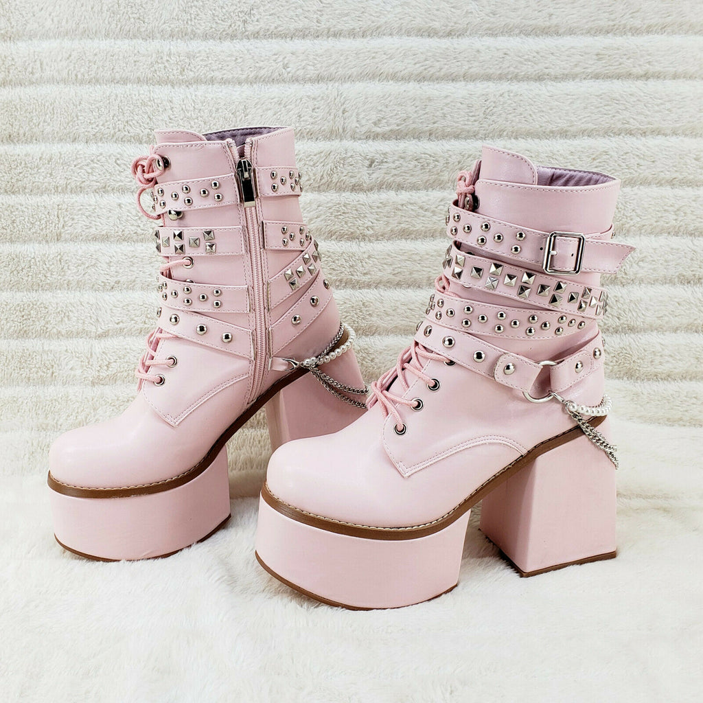 Ocho Baby Pink Ice Multipile Stud Strap Platform Chunky Block Heel Ankle Boots - Totally Wicked Footwear