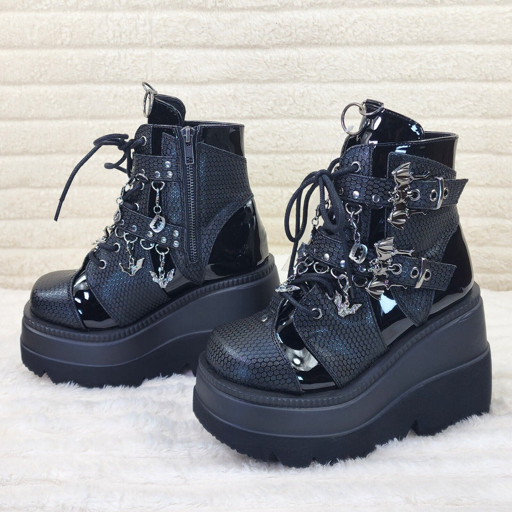 Shaker 66 Black Matte / Patent Platform 4.5" Wedge Heel Charm Ankle Boots NY - Totally Wicked Footwear
