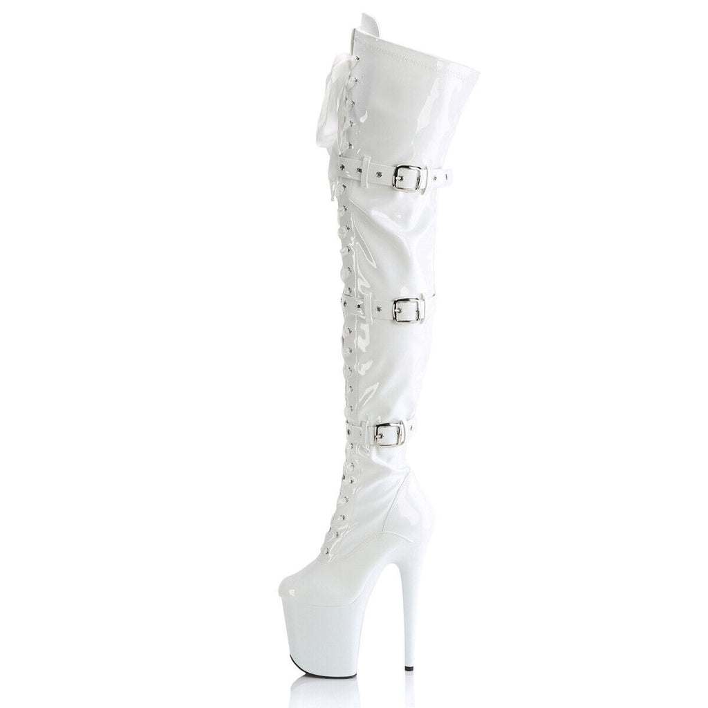 Flamingo 3028 Triple Buckle Thigh High Platform Torment Boot White Patent NY - Totally Wicked Footwear