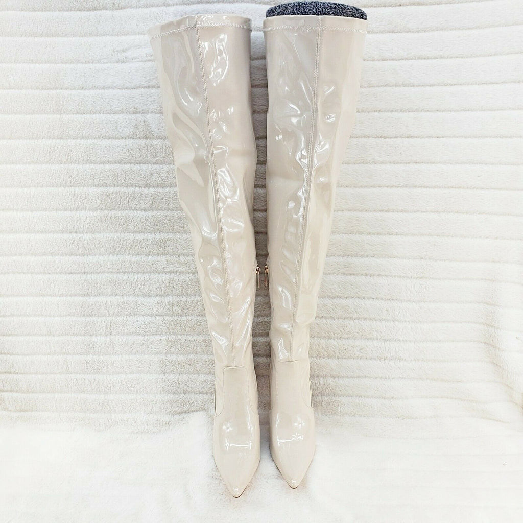 Bad Girlz Off White Patent Wide Top Thigh High Boots 4.5" Heels - Totally Wicked Footwear
