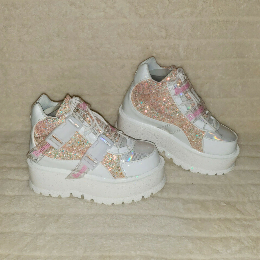 Slacker 50 White Pink Glitter Platform Sneaker Ankle Boots - Totally Wicked Footwear