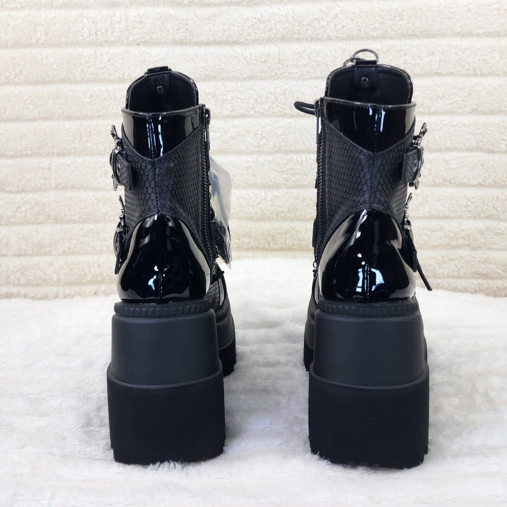 Shaker 66 Black Matte / Patent Platform 4.5" Wedge Heel Charm Ankle Boots NY - Totally Wicked Footwear