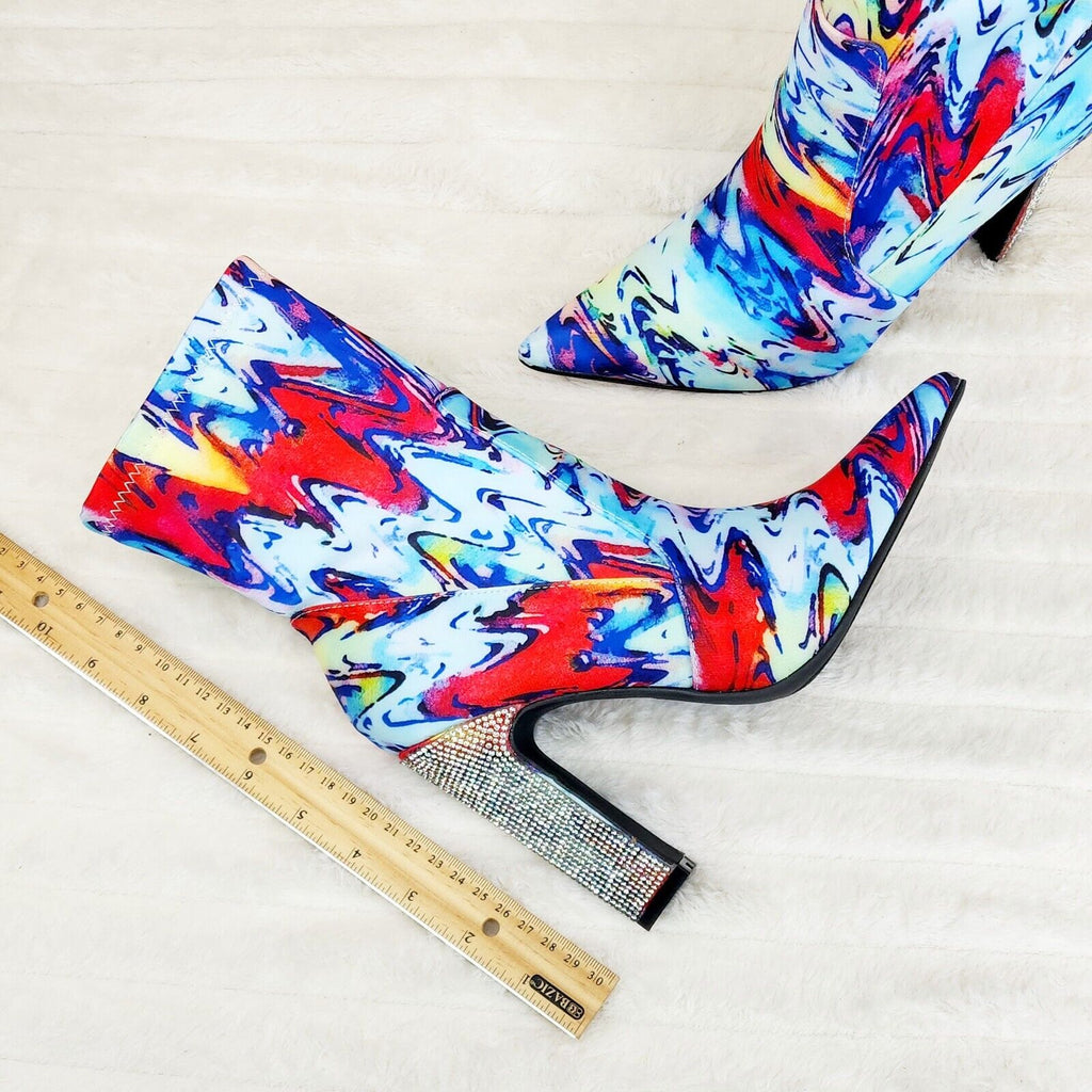 Regal Multi Color Print Stretch Upper Rhinestone Heel Ankle Boots - Totally Wicked Footwear