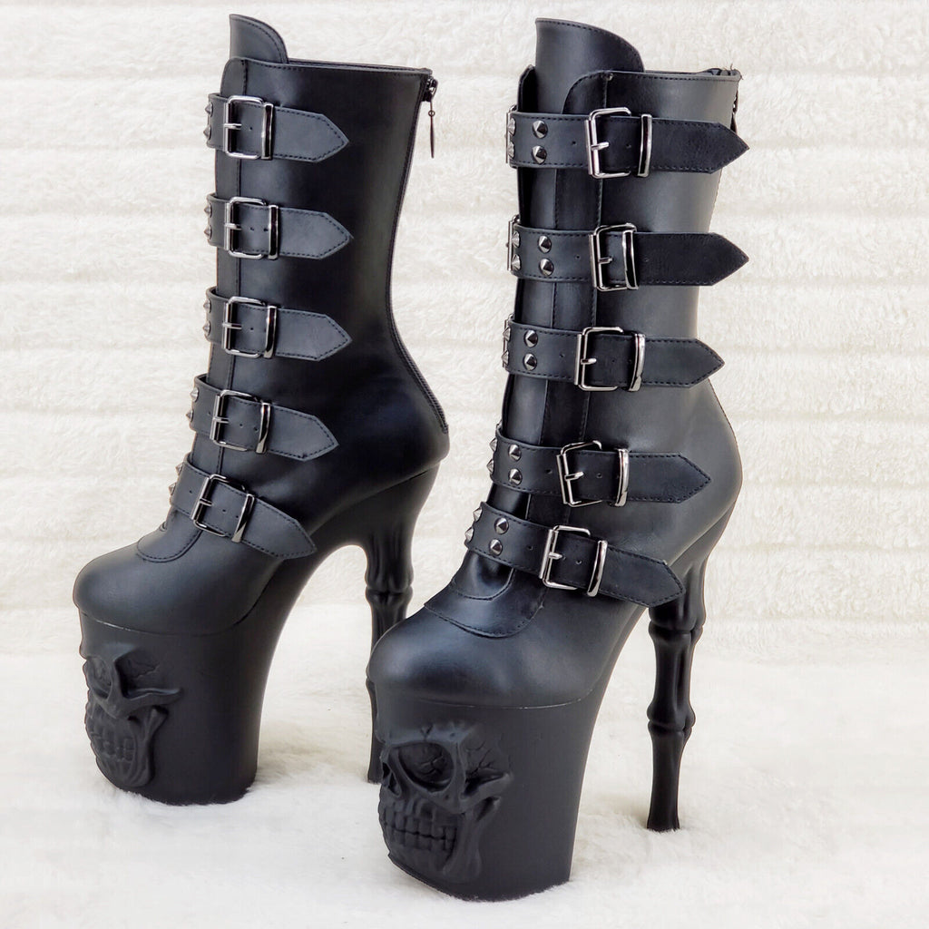 Rapture Black Matte Skull & Bones 8" High Heel Platform Boots IN HOUSE NY 1052 - Totally Wicked Footwear