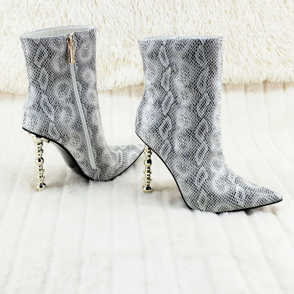 5" Geo Deco High Heel White Snake Print Pointy Toe Ankle Boots Shawna - Totally Wicked Footwear