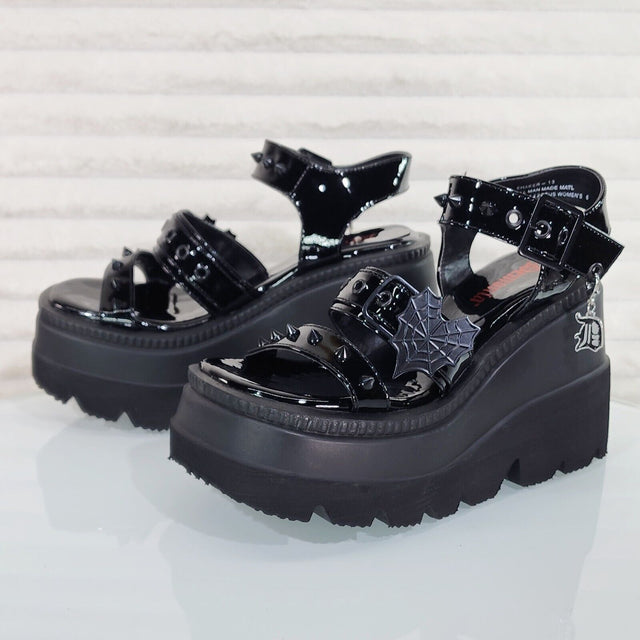 Shaker 13 Black Out Patent 4.5" Wedge Heel Gothic Sandals Studs And Charms NY - Totally Wicked Footwear