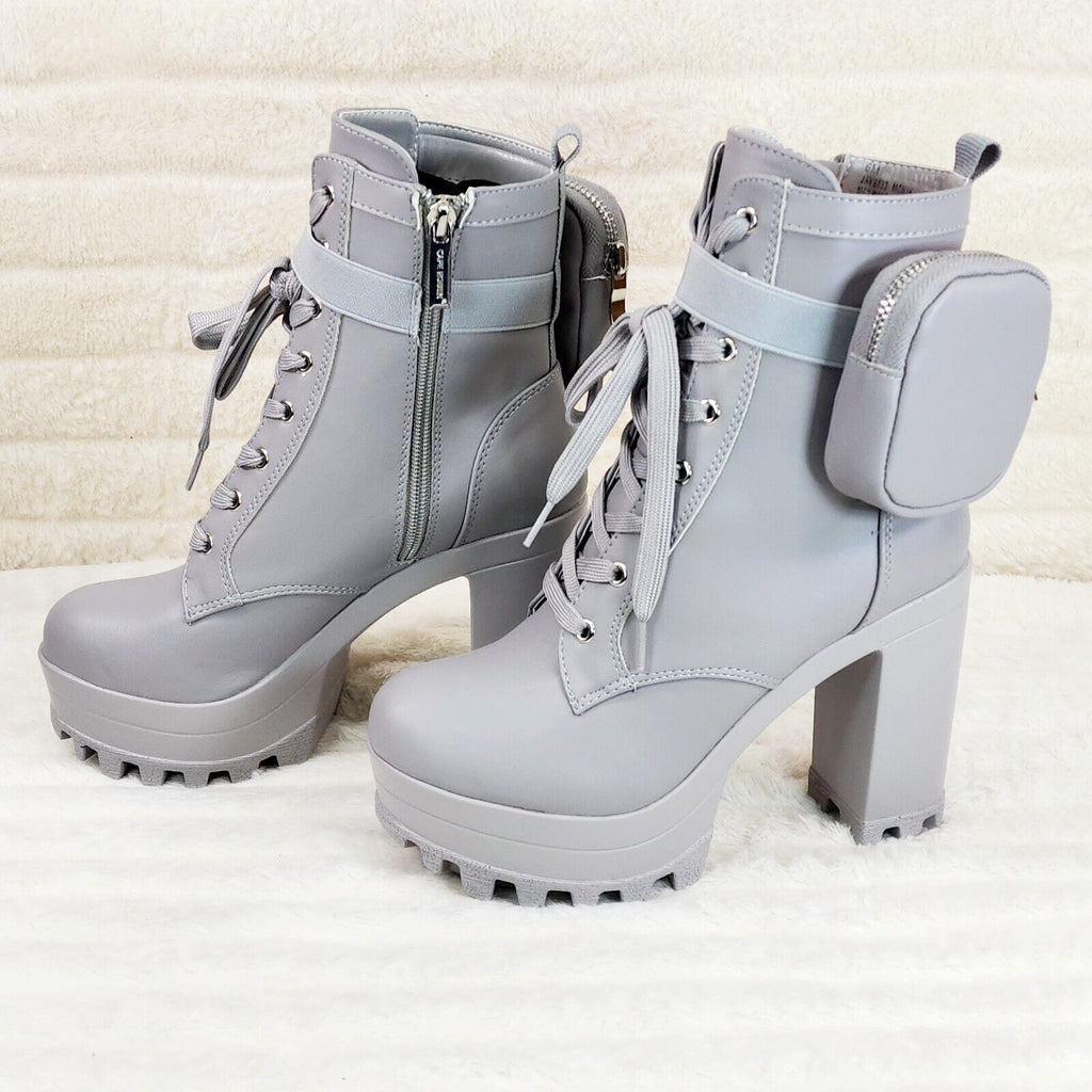 Secrets Grey Chunky Block Heel Side Purse/Pouch Ankle Boots Brand New - Totally Wicked Footwear